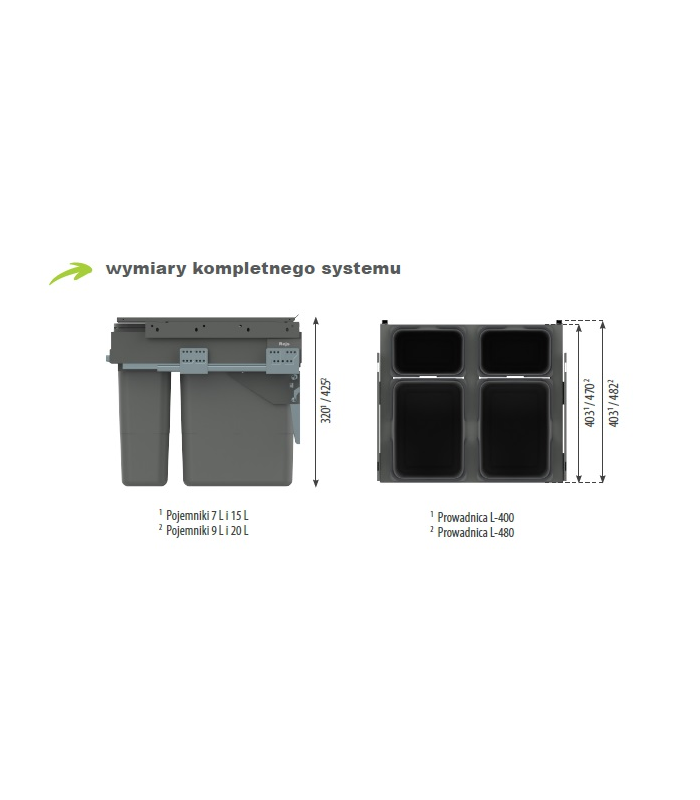 SEGREGO Szuflada z pojemnikami na odpady KB-600 H-320 NL-480 metal lakier srebrny DS