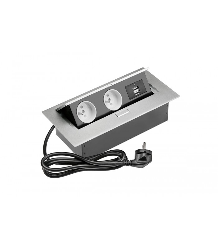 Przedłużacz aluminium 2x gniazdo z uziemieniem, 2x USB, kabel zasilający z wtyczką