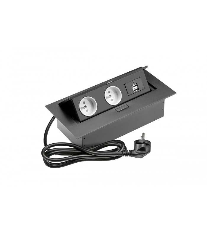 Przedłużacz czarny 2x gniazdo z uziemieniem, 2x USB, kabel zasilający z wtyczką