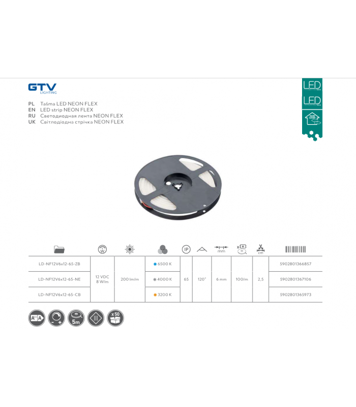 LED NEON flex 12V, 2835, ciepły biały, wodoodporny, 8mm, 5, zaślepki, klipsy