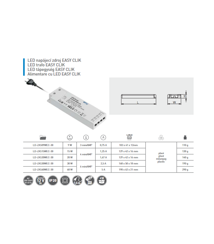 Zasilacz LED SLIM EASY CLICK 12V, 60W, input 220-240VAC, IP20, wym.190x62x21 mm z mini amp i przewodem