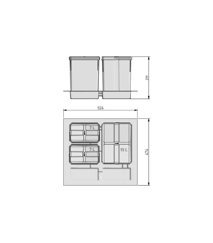 Pojemnik do segregacji AxiSpace, do szerokości szuflady 600 mm, 1x15L-2x7L