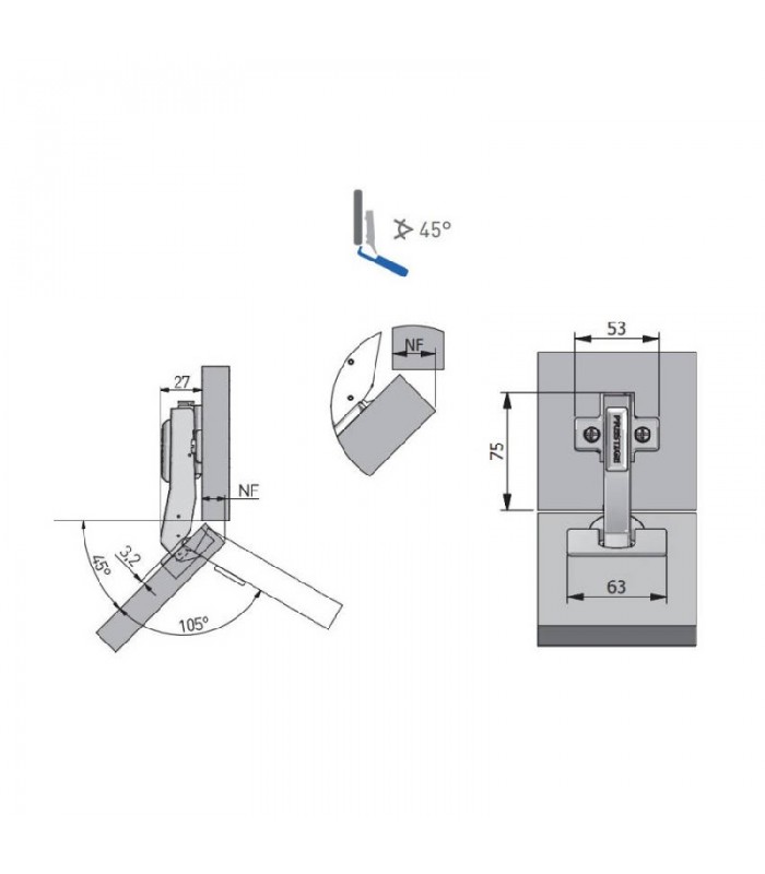 GTV kątowy 45° , hydrauliczny/ prowadnik H-0