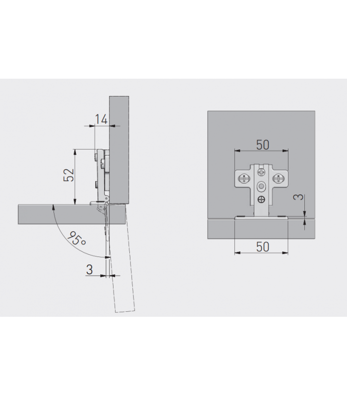 Zawias MINI prosty + prowadnik H-0 z eurowkrętem fi26mm
