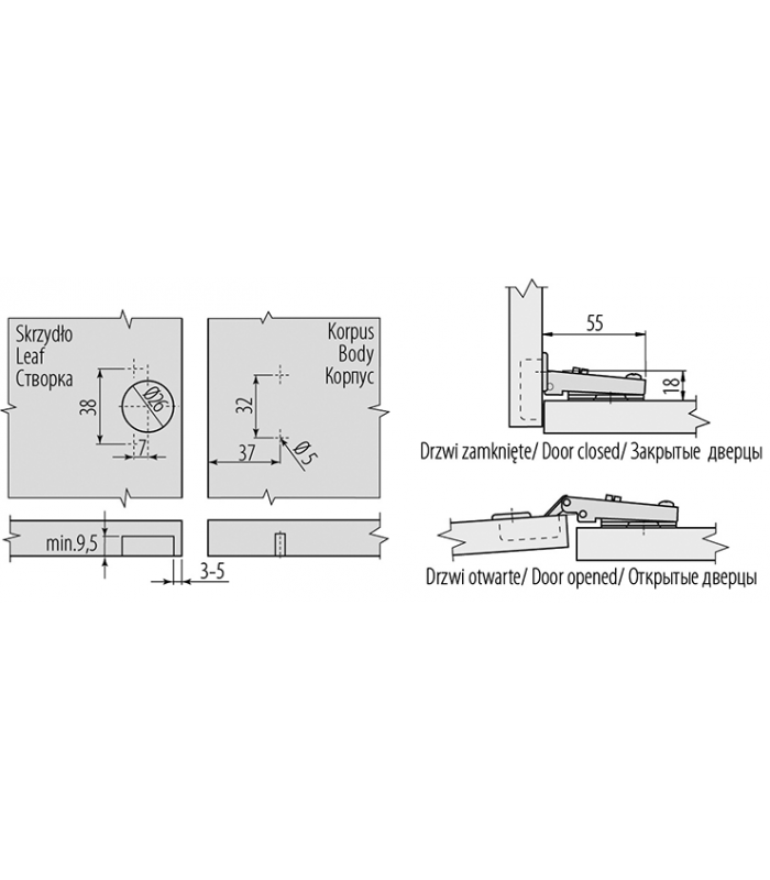 Zawias MINI prosty + prowadnik H-0 z eurowkrętem fi26mm