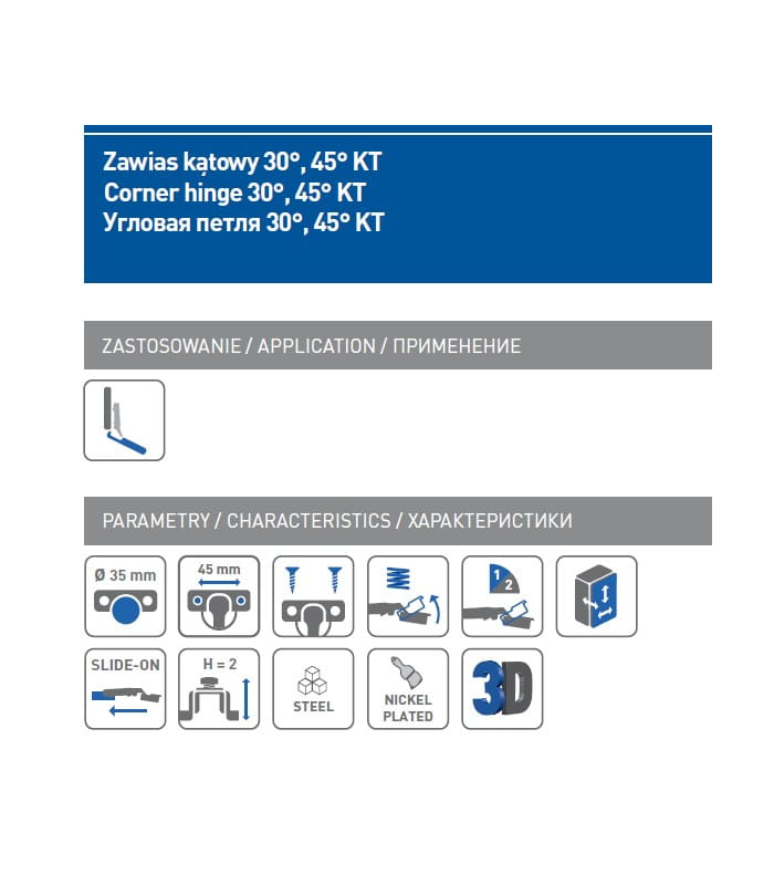Zawias kątowy 30° /prowadnik H-2 zwykły