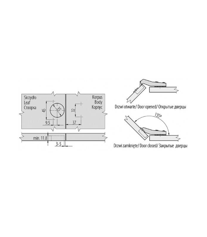 Zawias kątowy 45° /prowadnik H-2 zwykły