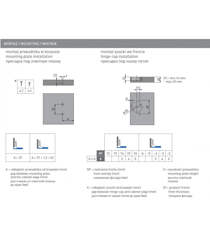 Zawias samootwierający do drzwi nakładanych 45mm H-0 bez euro (sprężyna odwrotna)