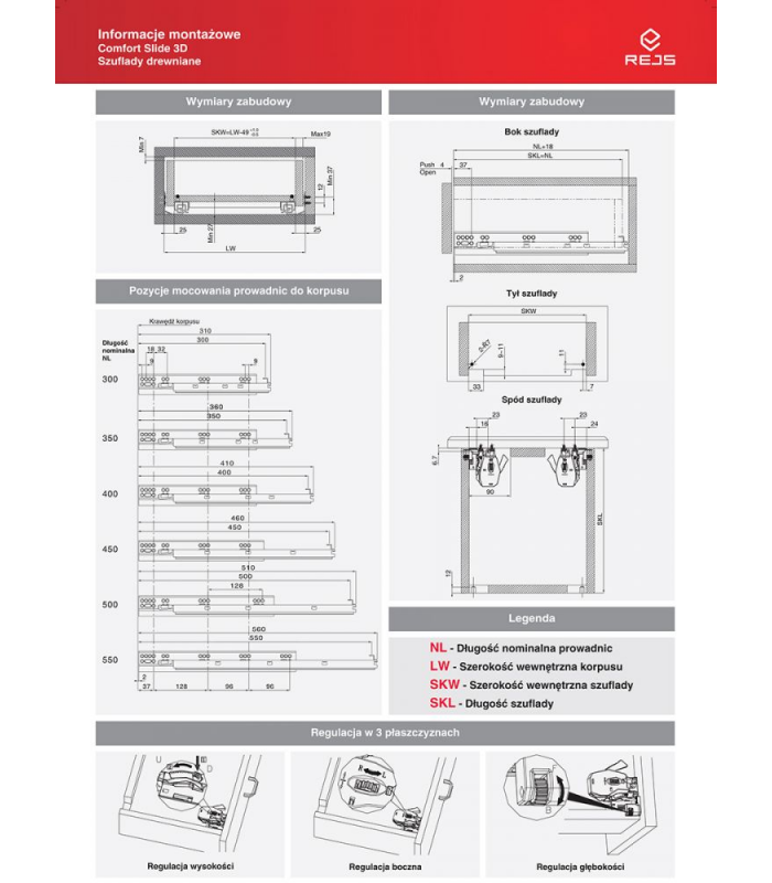 Prowadnica COMFORT SLIDE 3D L-350, pełen wysuw z dociągiem