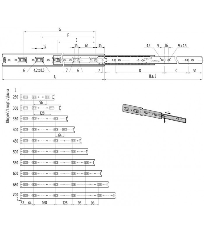 Prowadnica kulkowa PW300 30kg/45mm bok/OC