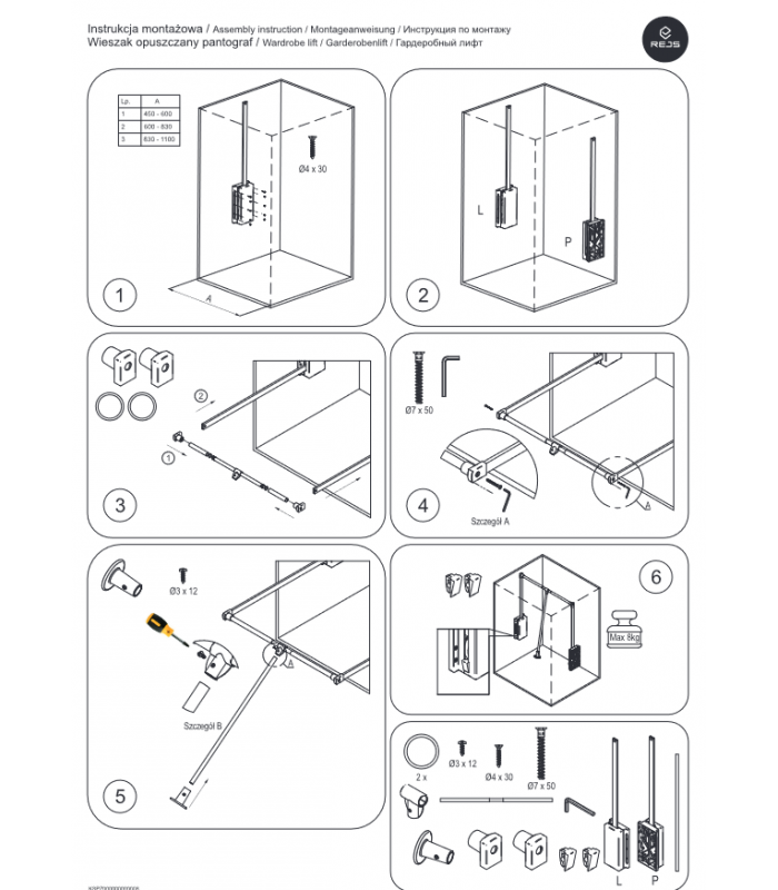 Wieszak PANTOGRAF 830 metal/tworzywo lakier biały
