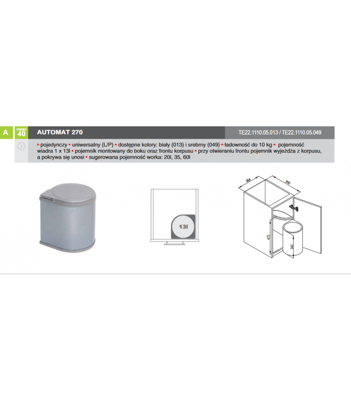 Pojemnik na odpady automat 270 tworzywo sztuczne biały