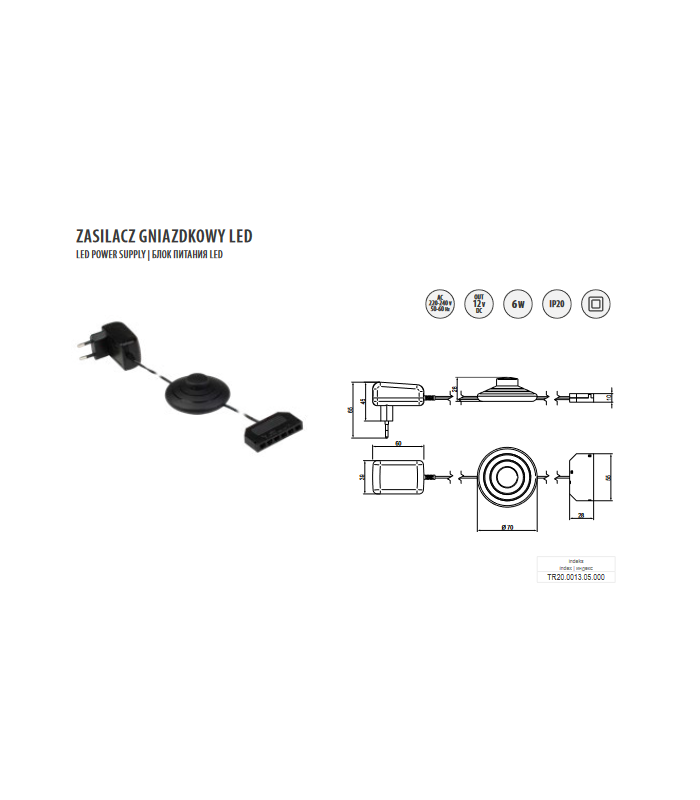 Zasilacz gniazdkowy LED 12V, 6W, input 220-240VAC, IP20, z włącznikiem i dystrybutorem 6 gniazd