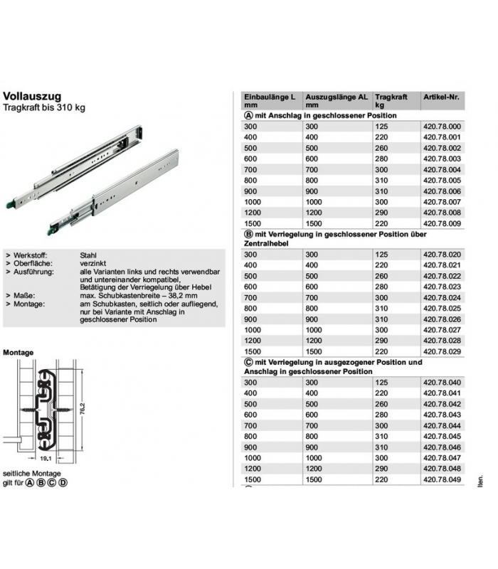 Prowadnica kulkowa PW700 310kg/76mm bok/OC