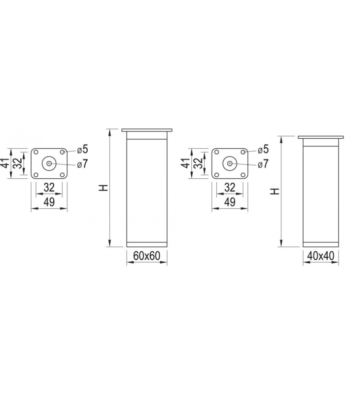 Noga meblowa kwardatowa 60x60x100mm, anodowane aluminium