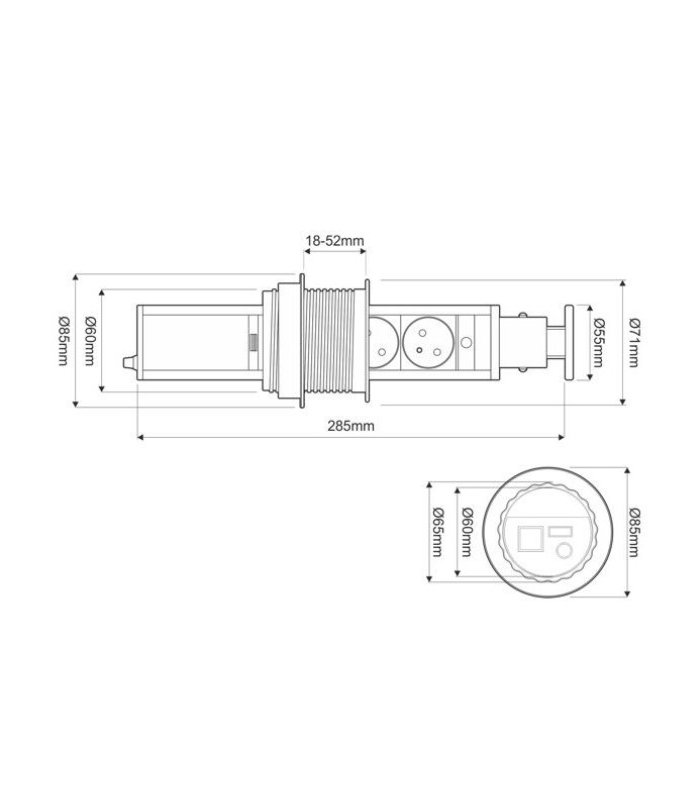LIFT BOX CZARNY fi60mm, 3x gniazdo z bolcem, przewód 1,5m