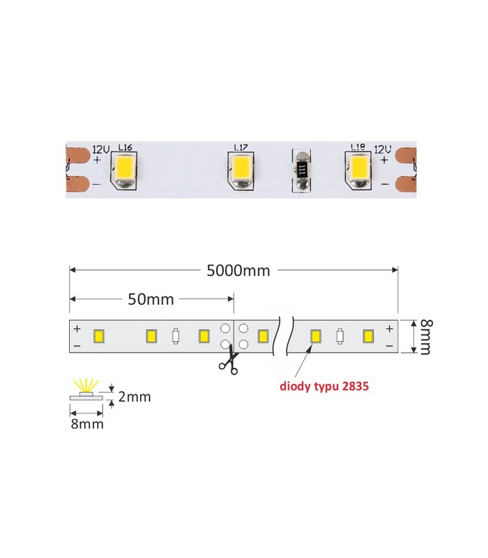 TAŚMA PREMIUM, dł.50m 2835 IP20 60 LED/m szer 8mm 3pkt/5cm b.ciepła moc 11W/m