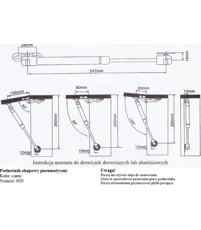 Podnośnik gazowy okapowy 80N