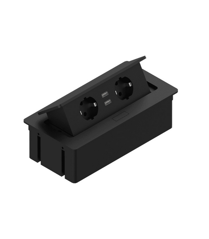 ELEKTRIMA KWADRO Przedłużacz biurkowy wpuszczany prostokątny 2x gniazdo uziemienie, 2xUSB 2,1A 5V metal/tworzywo czarny