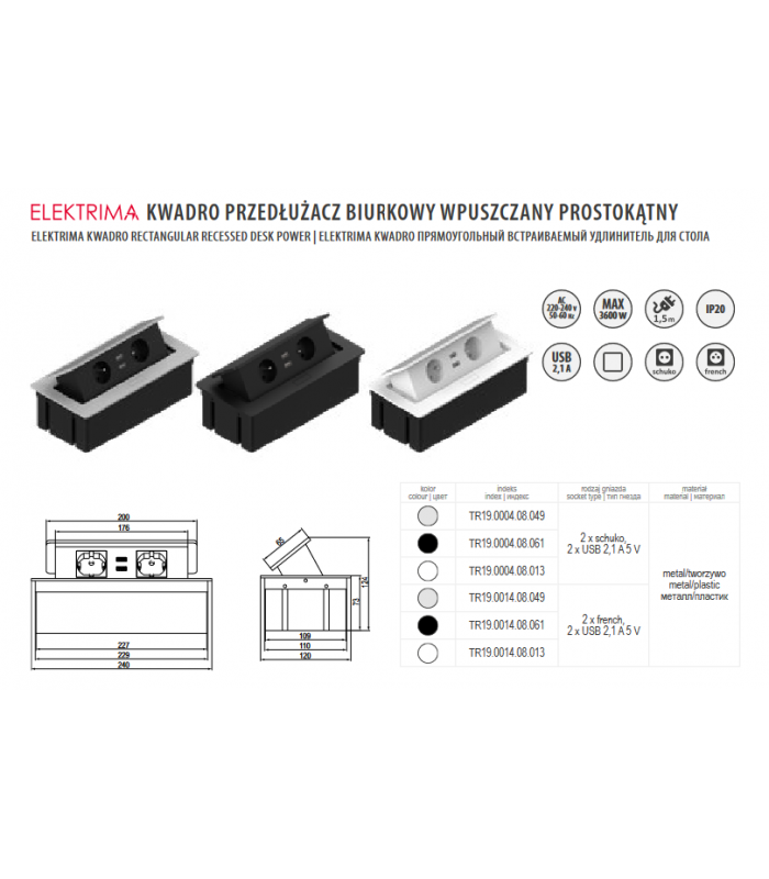 ELEKTRIMA KWADRO Przedłużacz biurkowy wpuszczany prostokątny 2x gniazdo uziemienie, 2xUSB 2,1A 5V metal/tworzywo czarny