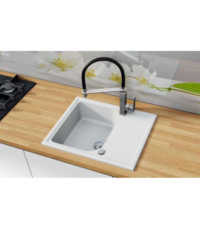 Zlewozmywak granitowy ALAROS, 585x490mm (zestaw: zlew,syfon przyścienny klasyczny/syfon automatyczny przyścienny)