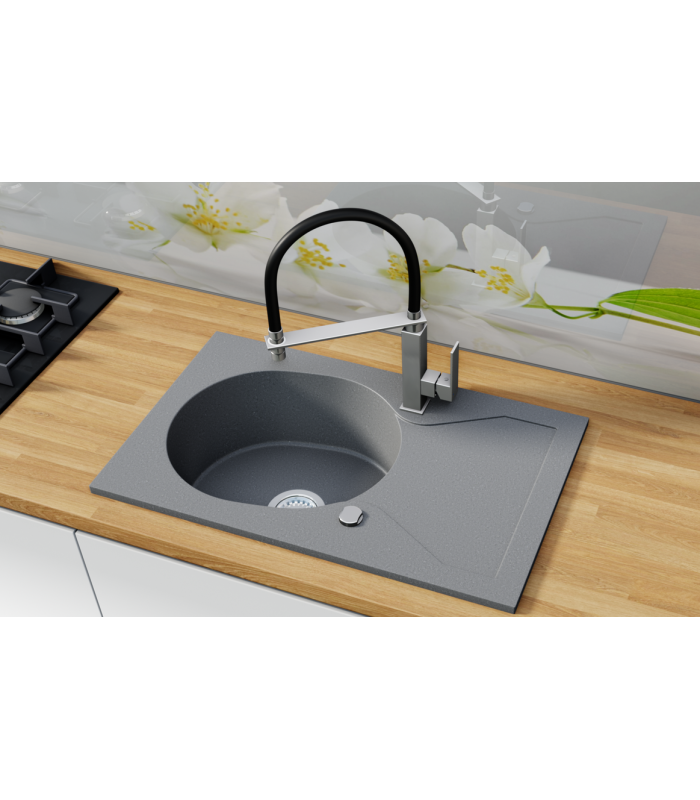 Zlewozmywak granitowy ALERO, 755x460mm (zestaw: zlew,syfon przyścienny klasyczny/syfon automatyczny przyścienny)