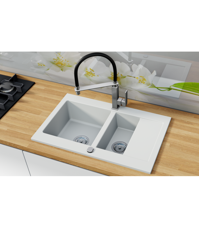 Zlewozmywak granitowy CASPAR, 760x480mm (zestaw: zlew,syfon przyścienny klasyczny/syfon automatyczny przyścienny)