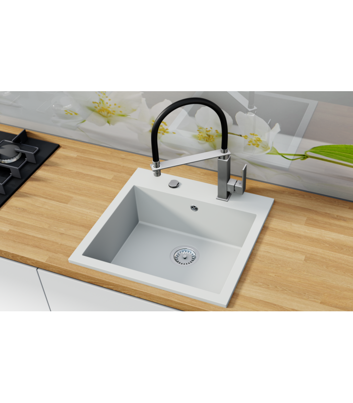 Zlewozmywak granitowy COMO, 545x520mm (zestaw: zlew,syfon przyścienny klasyczny/syfon automatyczny przyścienny)