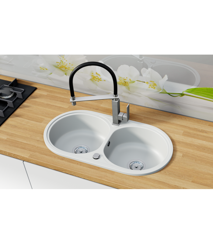 Zlewozmywak granitowy DABLO, 765x395mm (zestaw: zlew,syfon przyścienny klasyczny/syfon automatyczny przyścienny)