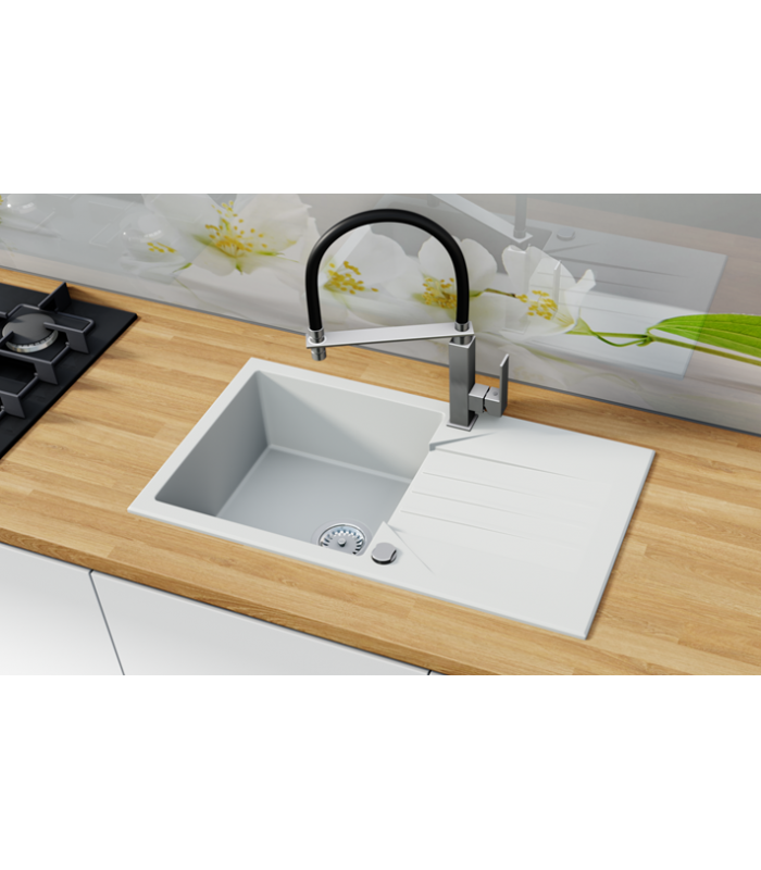 Zlewozmywak granitowy EVINION, 775x440mm (zestaw: zlew,syfon przyścienny klasyczny/syfon automatyczny przyścienny)