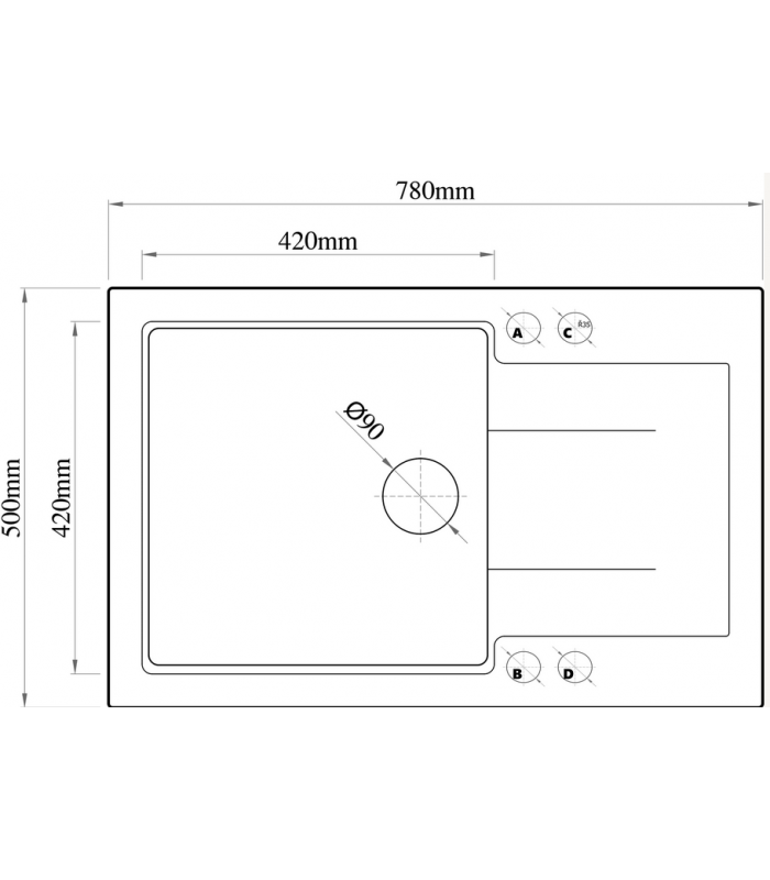 Zlewozmywak granitowy DURAN, 780x500mm głębsza komora (zestaw: zlew,syfon przyścienny klasyczny/syfon automatyczny przyścienny)