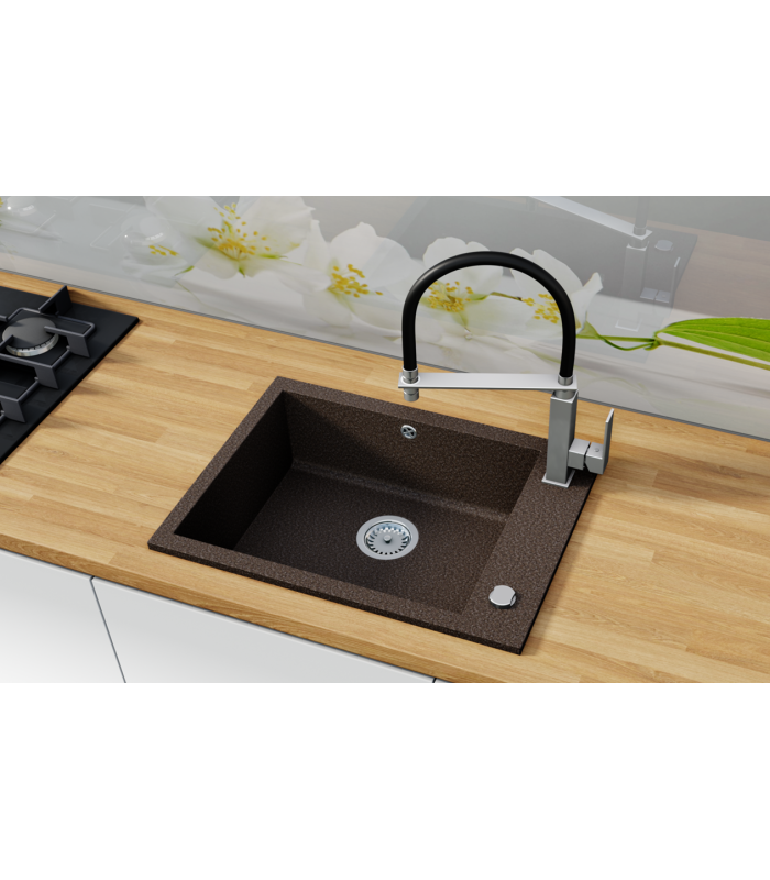 Zlewozmywak granitowy KOBO, 615x450mm (zestaw: zlew,syfon przyścienny klasyczny/syfon automatyczny przyścienny)