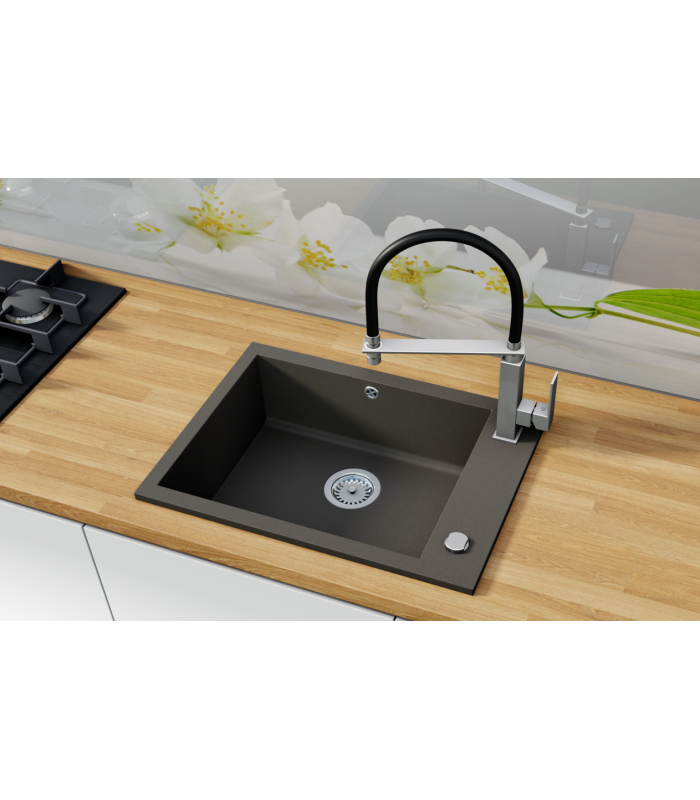 Zlewozmywak granitowy KOBO, 615x450mm (zestaw: zlew,syfon przyścienny klasyczny/syfon automatyczny przyścienny)