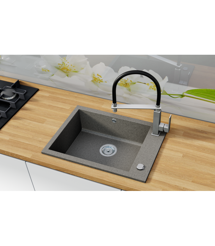 Zlewozmywak granitowy KOBO, 615x450mm (zestaw: zlew,syfon przyścienny klasyczny/syfon automatyczny przyścienny)