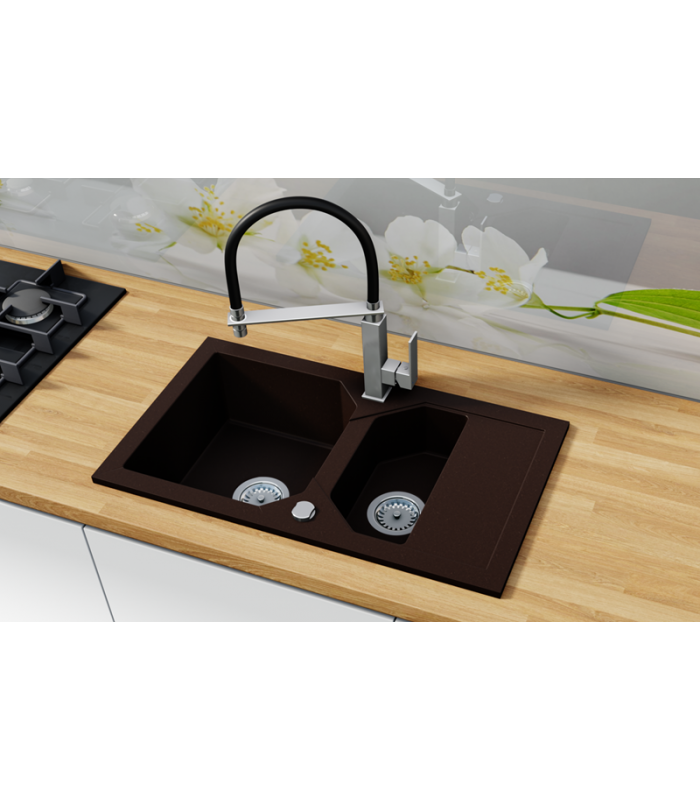 Zlewozmywak granitowy LIBELL, 760x425mm (zestaw: zlew,syfon przyścienny klasyczny/syfon automatyczny przyścienny)