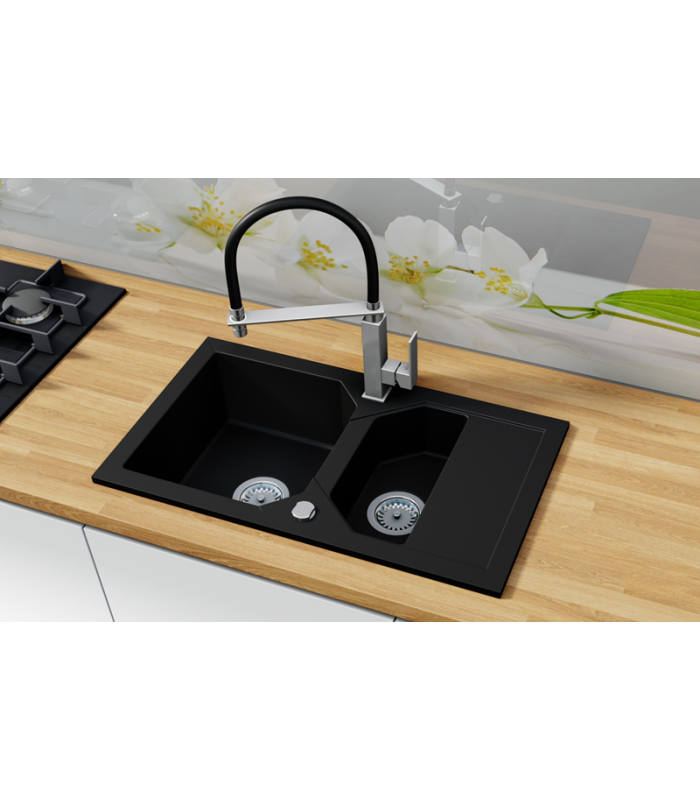 Zlewozmywak granitowy LIBELL, 760x425mm (zestaw: zlew,syfon przyścienny klasyczny/syfon automatyczny przyścienny)