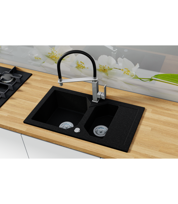 Zlewozmywak granitowy LIBELL, 760x425mm (zestaw: zlew,syfon przyścienny klasyczny/syfon automatyczny przyścienny)