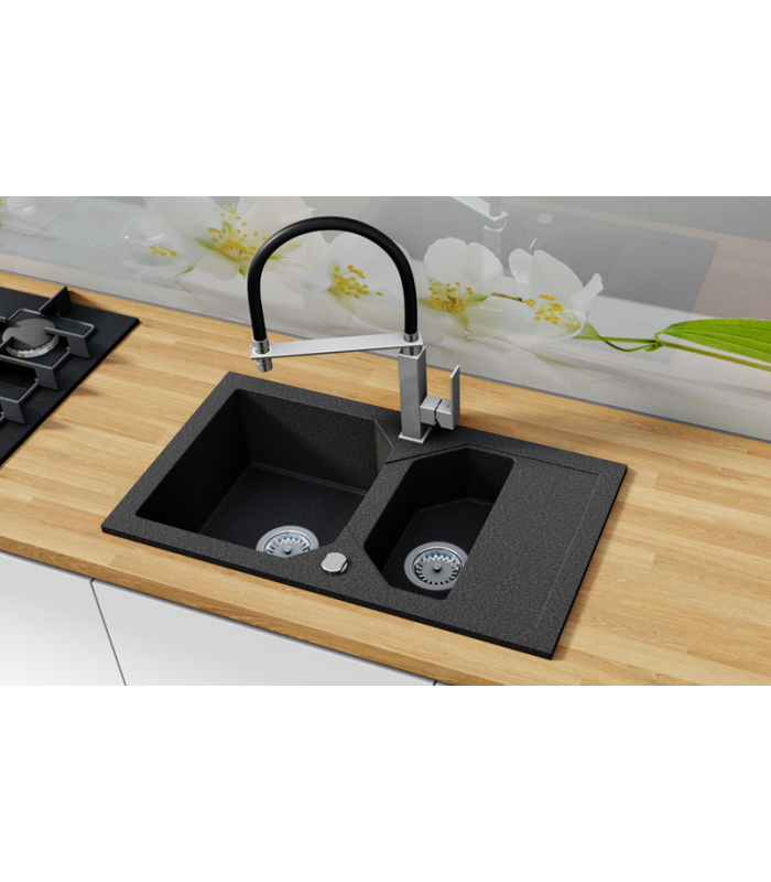 Zlewozmywak granitowy LIBELL, 760x425mm (zestaw: zlew,syfon przyścienny klasyczny/syfon automatyczny przyścienny)