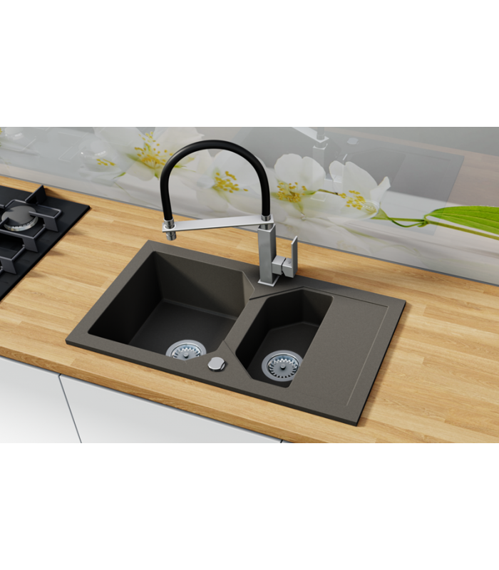 Zlewozmywak granitowy LIBELL, 760x425mm (zestaw: zlew,syfon przyścienny klasyczny/syfon automatyczny przyścienny)