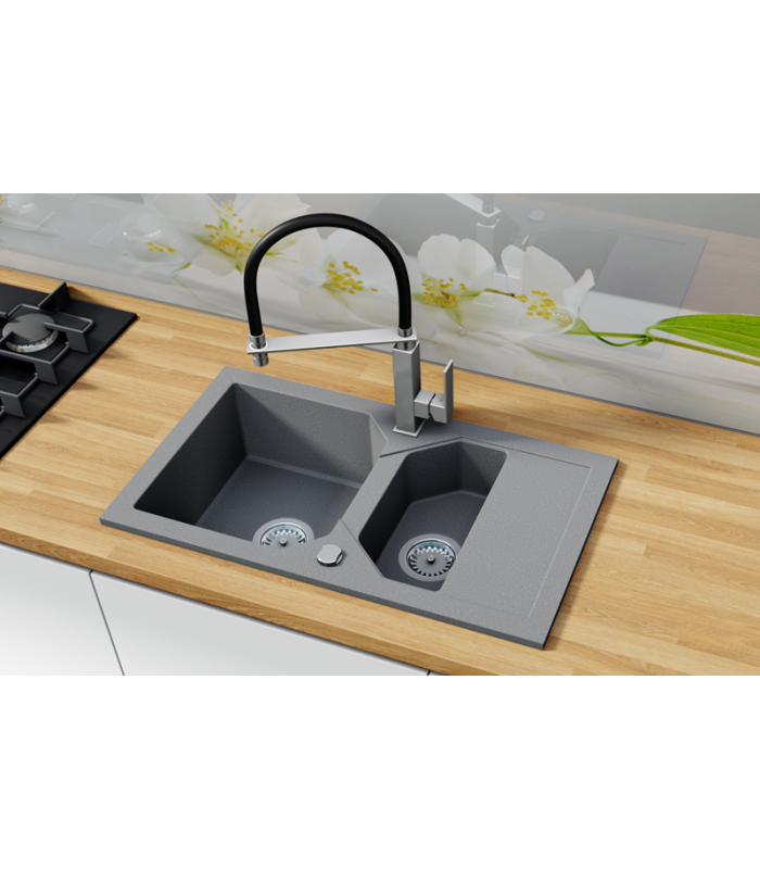 Zlewozmywak granitowy LIBELL, 760x425mm (zestaw: zlew,syfon przyścienny klasyczny/syfon automatyczny przyścienny)