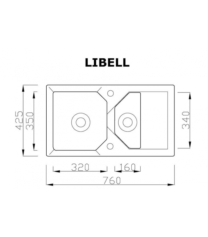 Zlewozmywak granitowy LIBELL, 760x425mm (zestaw: zlew,syfon przyścienny klasyczny/syfon automatyczny przyścienny)