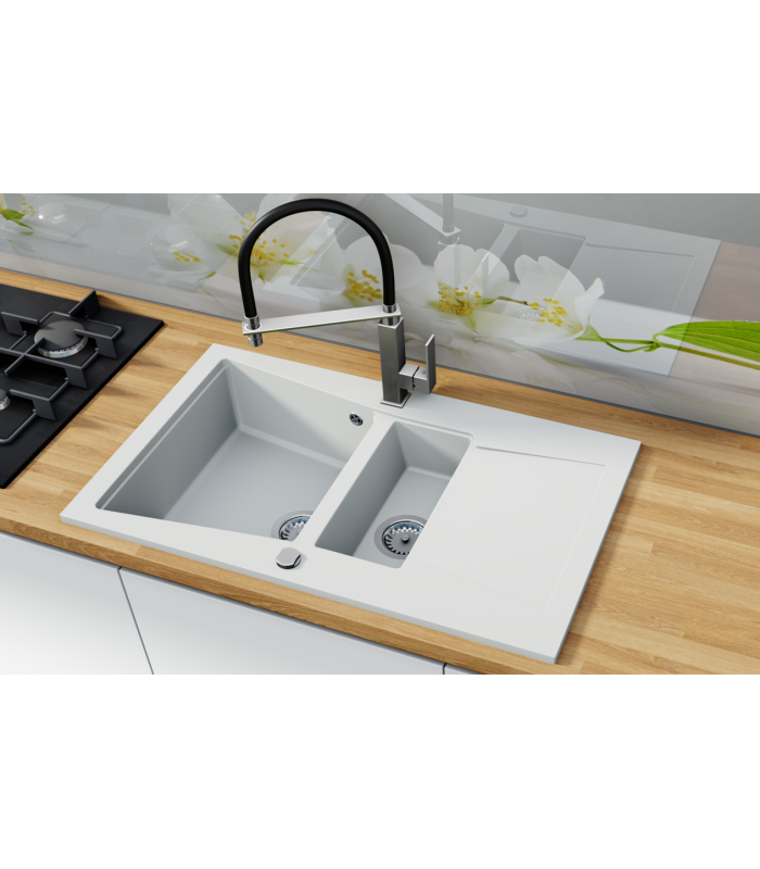 Zlewozmywak granitowy LOCARNO, 870x515mm (zestaw: zlew,syfon przyścienny klasyczny/syfon automatyczny przyścienny)