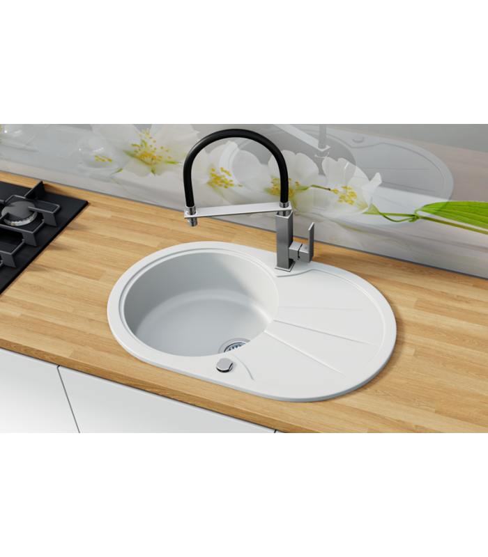 Zlewozmywak granitowy LUNA, 765x490mm (zestaw: zlew,syfon przyścienny klasyczny/syfon automatyczny przyścienny)