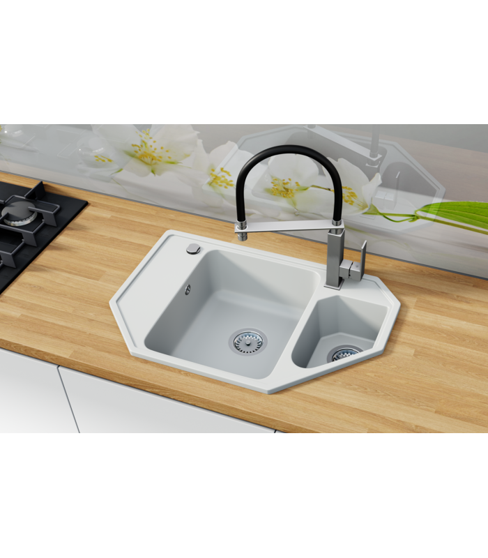 Zlewozmywak granitowy MERIS, 735x449mm (zestaw: zlew,syfon przyścienny klasyczny/syfon automatyczny przyścienny)