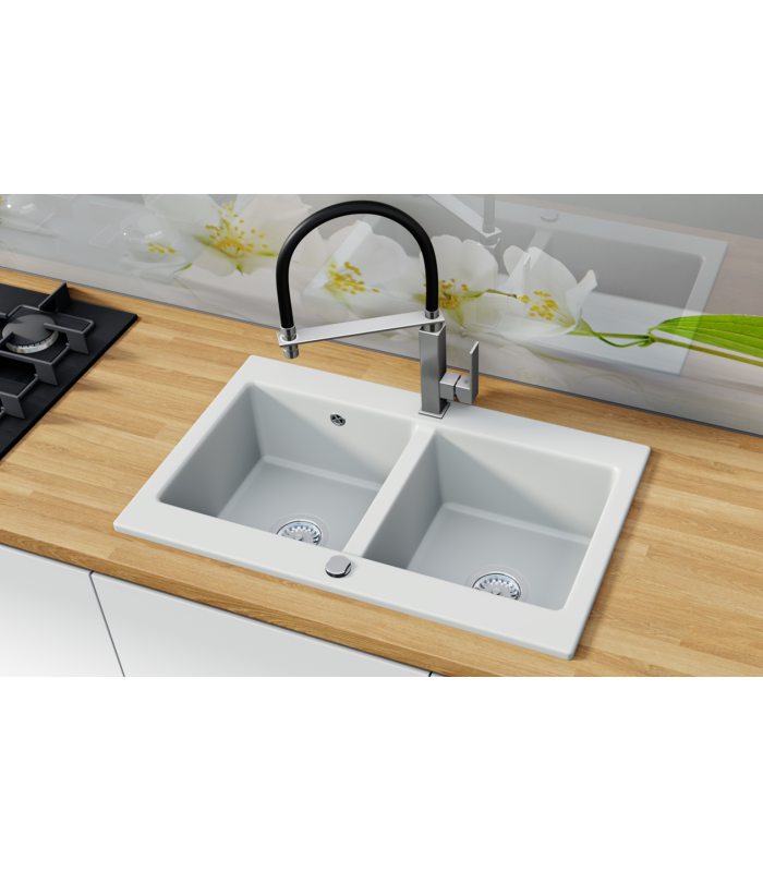 Zlewozmywak granitowy SIRIUS, 765x480mm (zestaw: zlew,syfon przyścienny klasyczny/syfon automatyczny przyścienny)