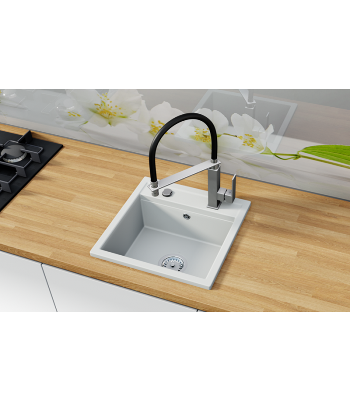 Zlewozmywak granitowy TORINO, 440x440mm (zestaw: zlew,syfon przyścienny klasyczny/syfon automatyczny przyścienny)