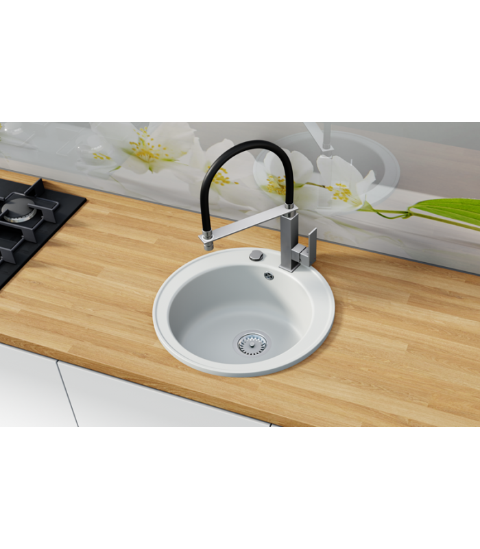 Zlewozmywak granitowy VALERO, średnica 480mm (zestaw: zlew,syfon przyścienny klasyczny/syfon automatyczny przyścienny)