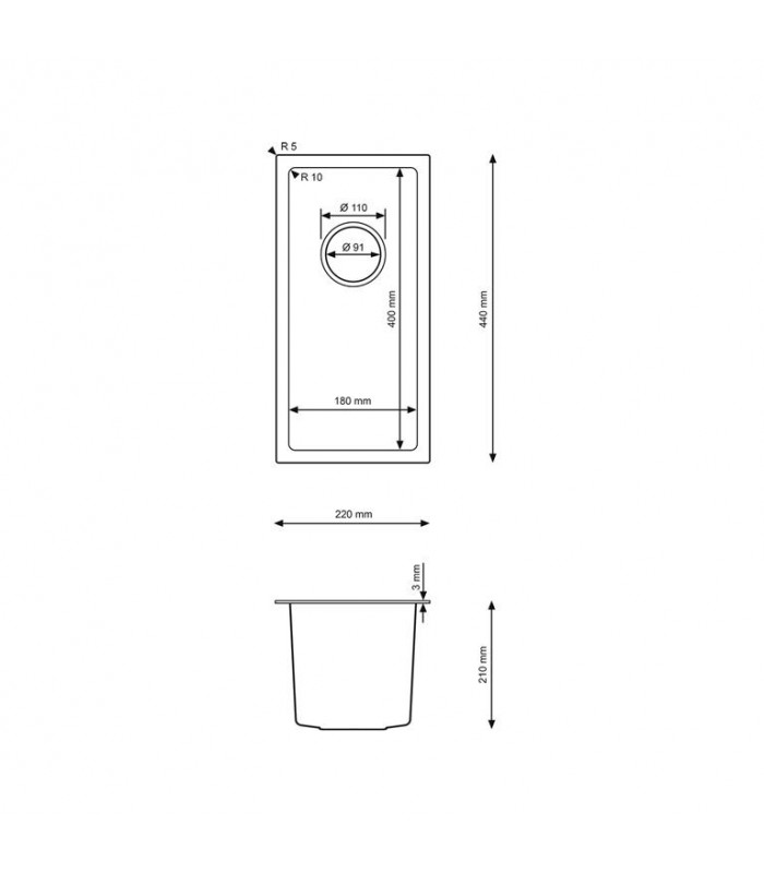 Zlewozmywak stalowy HD2244 INOX, sposób montażu: podwieszany bądź wpuszczany 220x440mm (zestaw: zlew,syfon,mocowania)