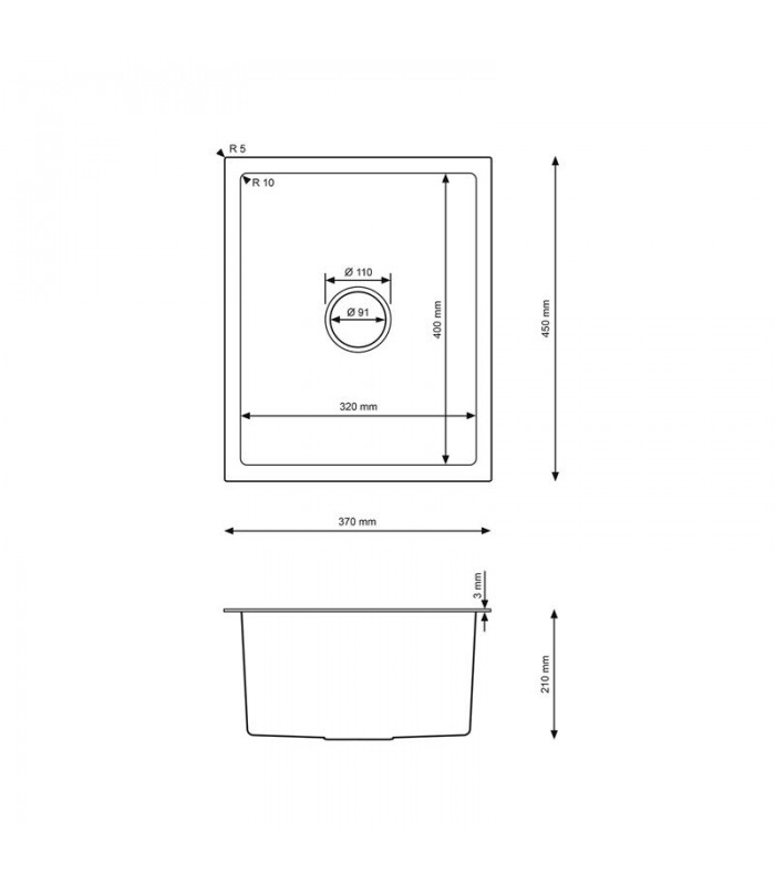 Zlewozmywak stalowy HD3745B GRAFIT PVD, sposób montażu: podwieszany bądź wpuszczany 370x450mm (zestaw: zlew,syfon,mocowania)