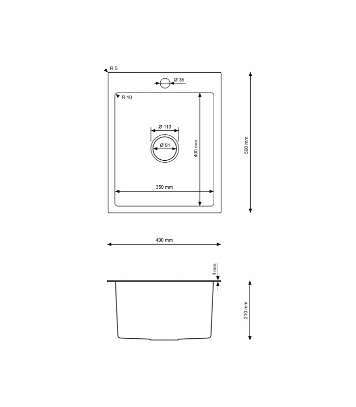 Zlewozmywak stalowy HD4050 INOX, sposób montażu: podwieszany bądź wpuszczany 400x500mm (zestaw: zlew,syfon,mocowania)